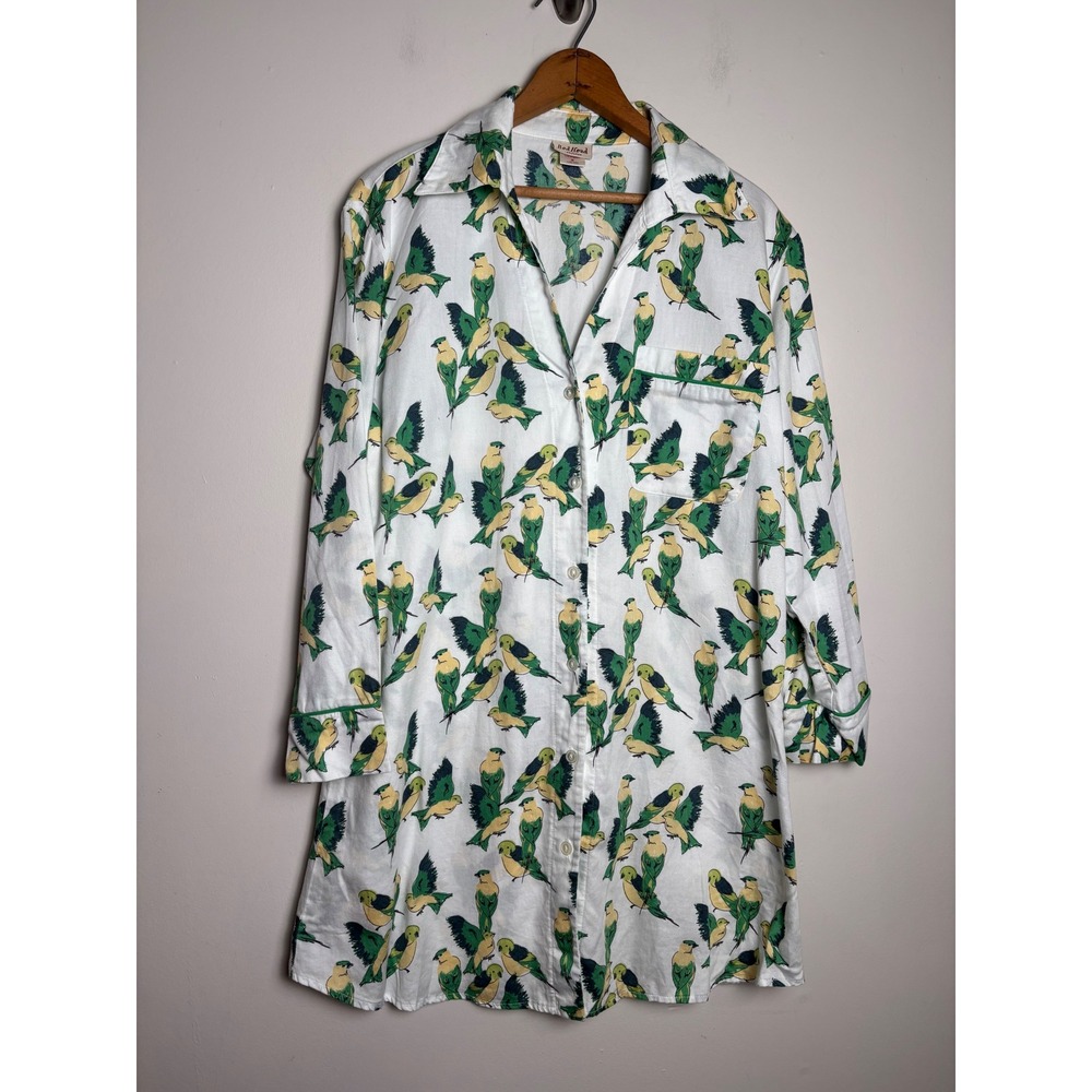 BedHead Womens Pajama Nightshirt M Bird Print Cotton Button Up Sleep Shirt